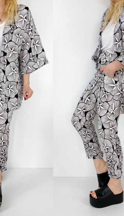 Siyah beyaz desenli pantolon kimono takım Siyah beyaz desenli pantolon kimono takım