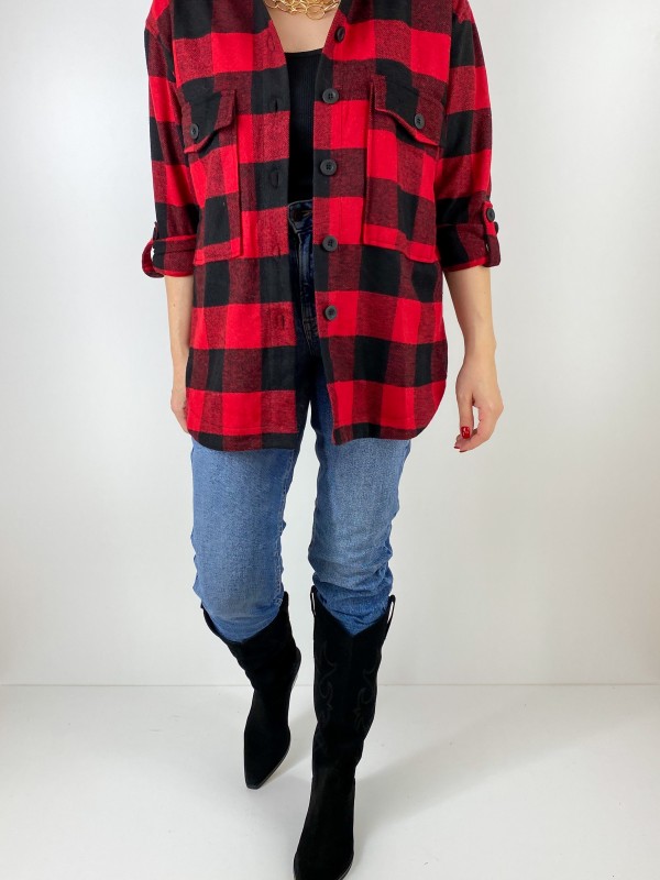 Red black checked shirt coat