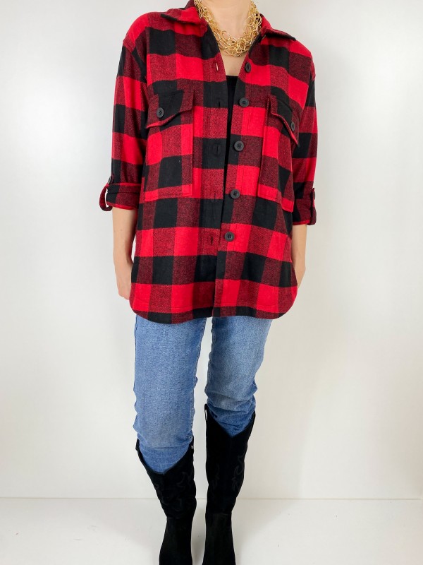 Red black checked shirt coat