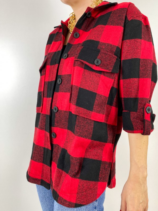 Red black checked shirt coat