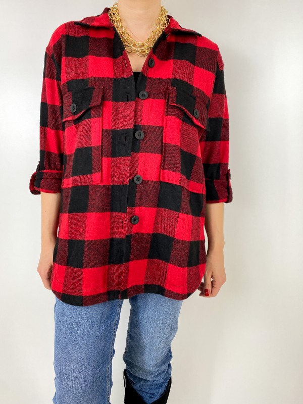 Red black checked shirt coat