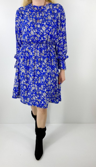 Çiçek desenli saks mavisi kloş elbise