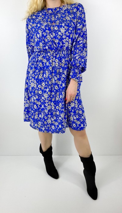 Çiçek desenli saks mavisi kloş elbise