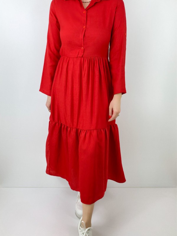 Kırmızı kat detaylı maksi elbise 