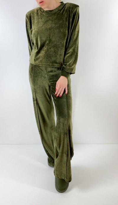 Haki kadife bluz pantolon takım