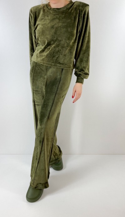 Haki kadife bluz pantolon takım