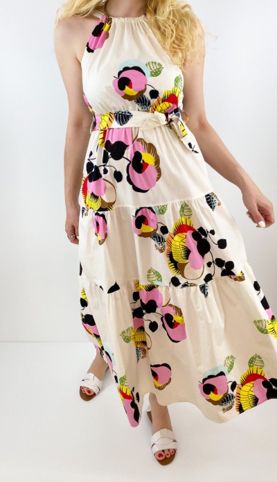 Boyundan bağlı krem maxi elbise