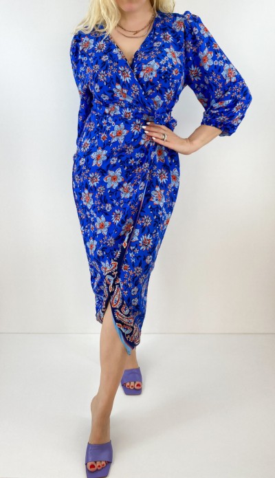 Çiçek desenli saks mavi kruvaze elbise