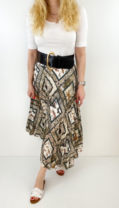 Asimetrik pileli desenli etek