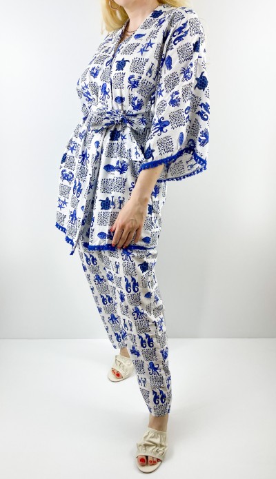 Sea printed linen kimono pants set
