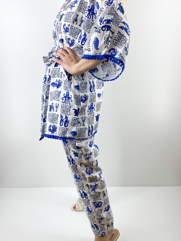 Deniz desenli keten kimono pantolon takım