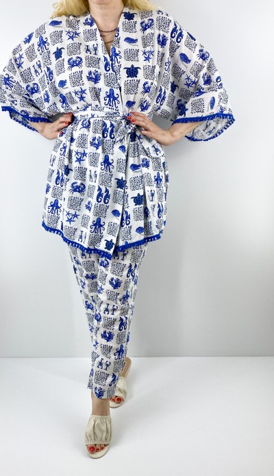 Sea printed linen kimono pants set