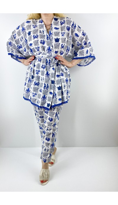 Deniz desenli keten kimono pantolon takım