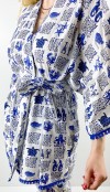 Deniz desenli keten kimono pantolon takım