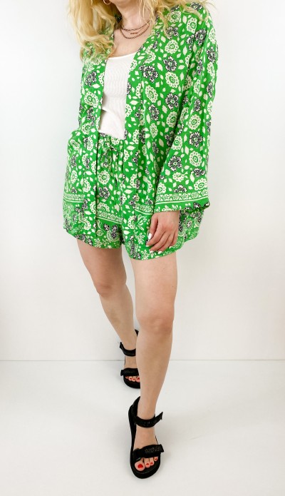 Şal desen kimono şort takım