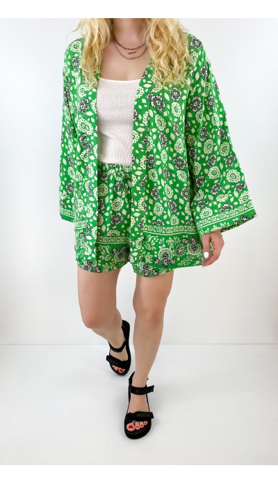 Şal desen kimono şort takım