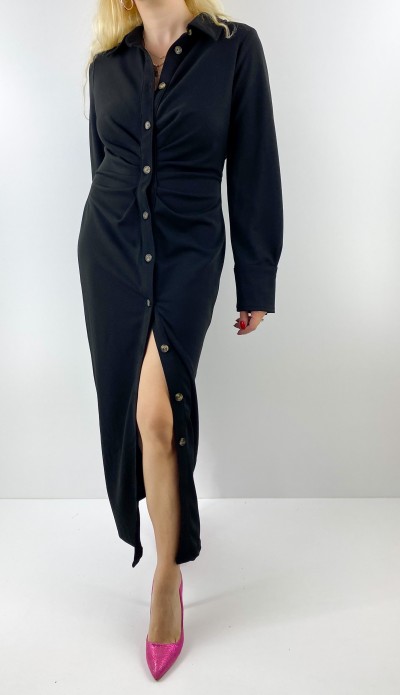 Önü drape detaylı siyah gömlek elbise