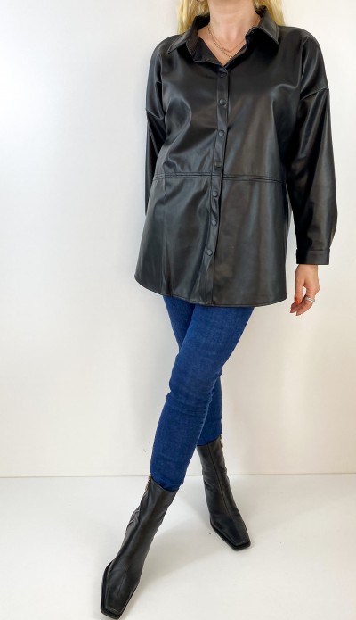 Siyah oversize deri gömlek