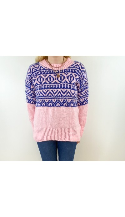 Mavi etnik desen pembe yün kazak