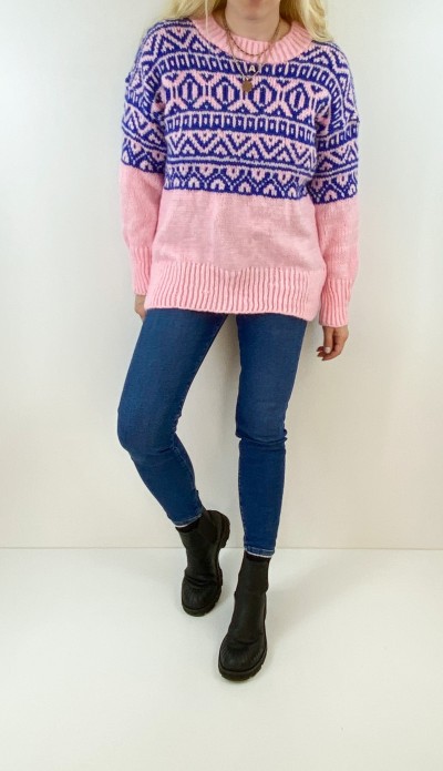 Mavi etnik desen pembe yün kazak