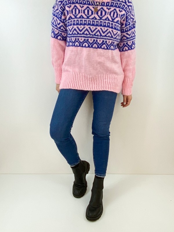 Blue ethnic printed pink pullover