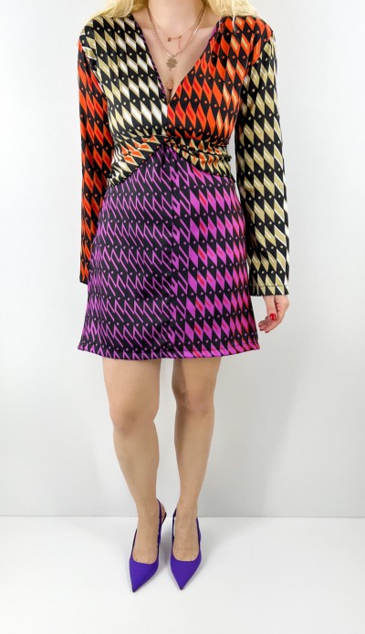 Renkli özel baskı kruvaze elbise