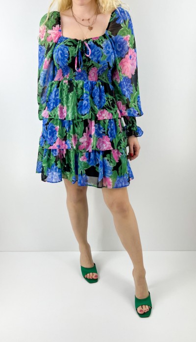 Kat kat etekli çiçekli şifon elbise