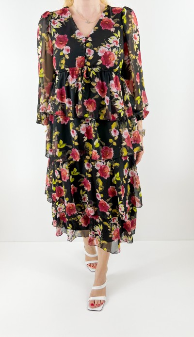 Kat kat şifon çiçekli elbise