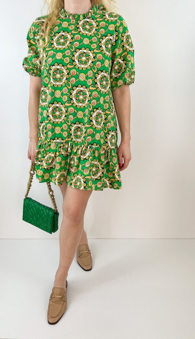 Yeşil etnik desenli kloş elbise