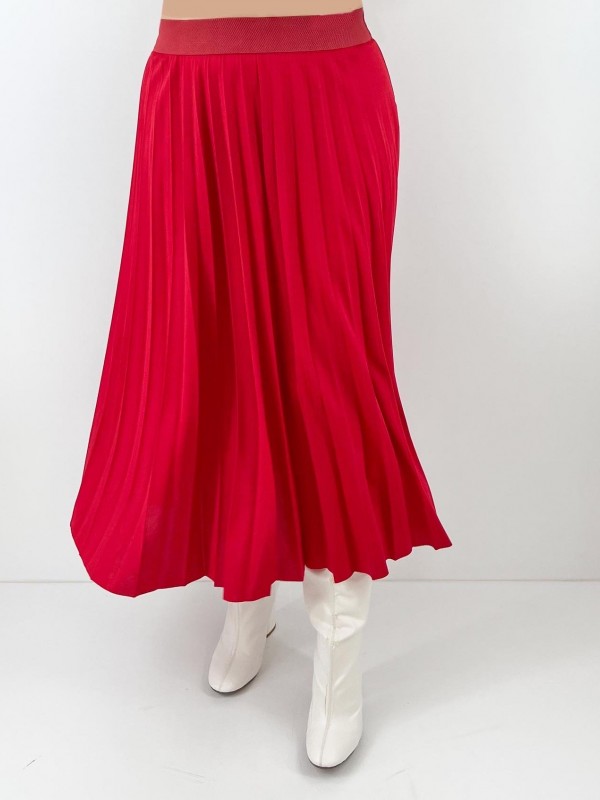 Red pleated midi skirt