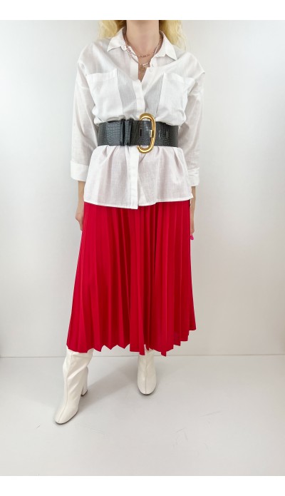 Kırmızı pileli midi etek