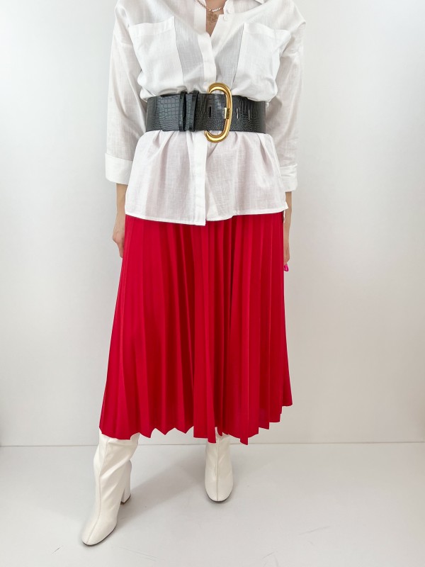 Red pleated midi skirt