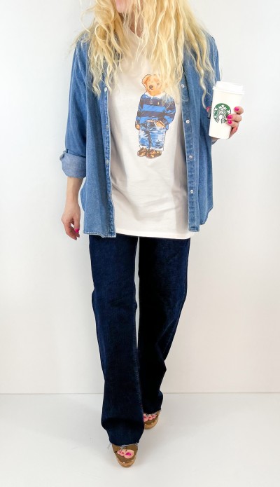 Mavi ayıcık baskılı beyaz tişört