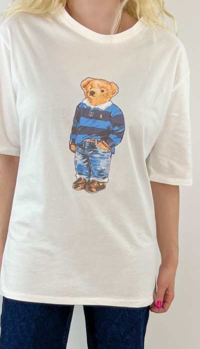 Mavi ayıcık baskılı beyaz tişört