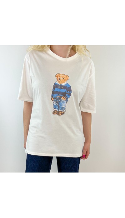 Mavi ayıcık baskılı beyaz tişört