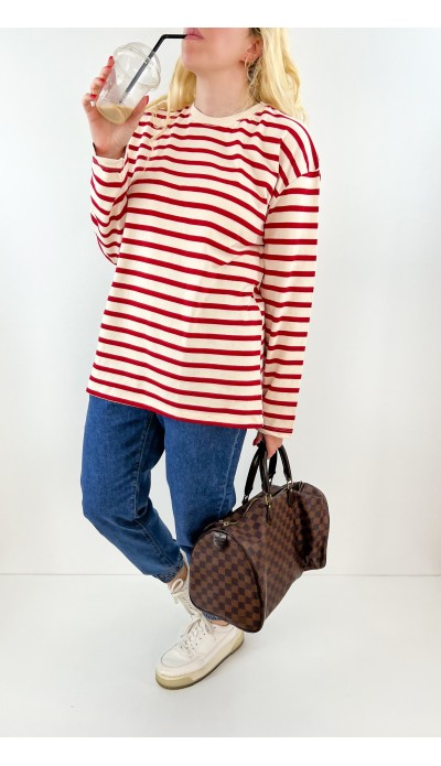 Kırmızı çizgili mevsimlik sweatshirt