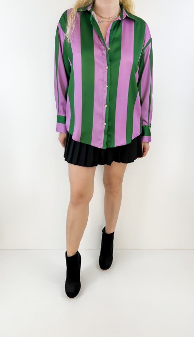 Lila yeşil çizgili saten gömlek