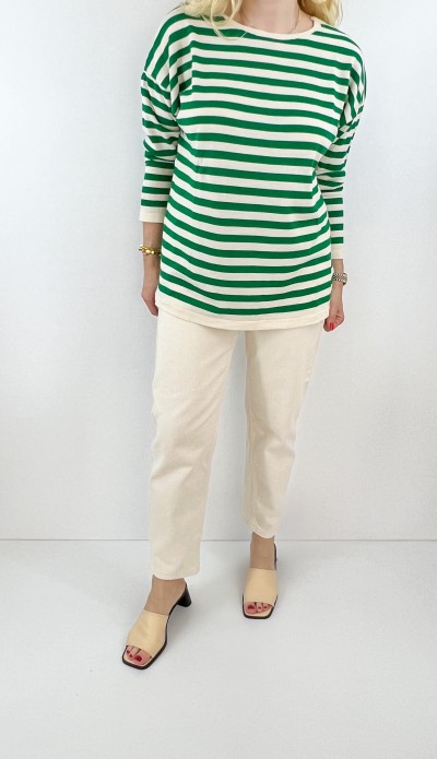 Yeşil çizgili triko kazak