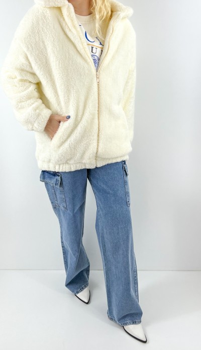 Krem rengi fermuarlı peluş mont